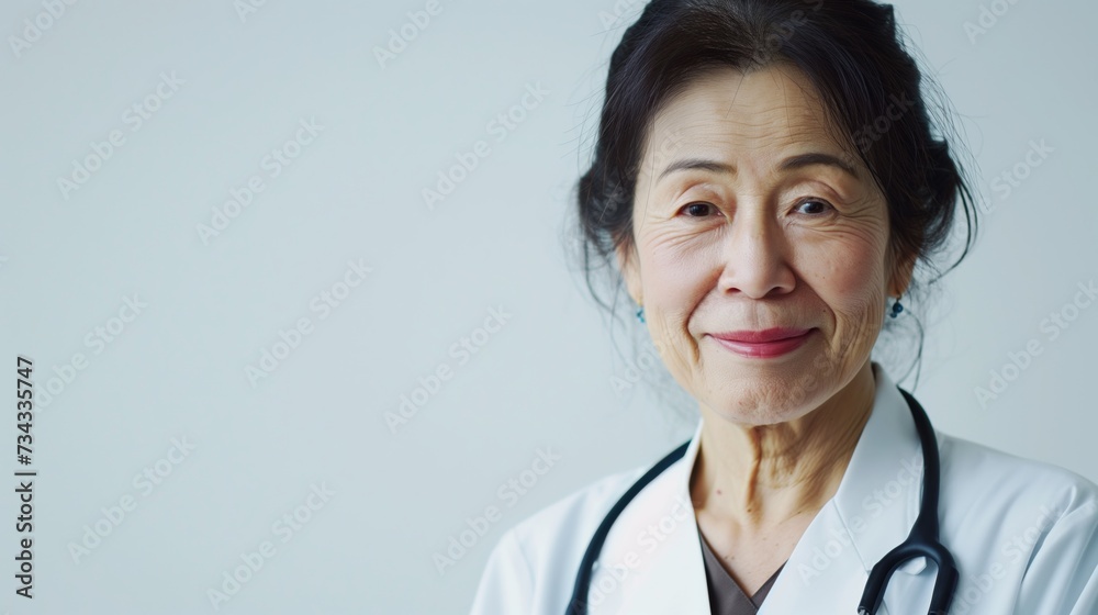 Portrait of smiling female Japanese doctor on gray background with copy space. Portrait of smiling female Japanese doctor on gray background with copy space.