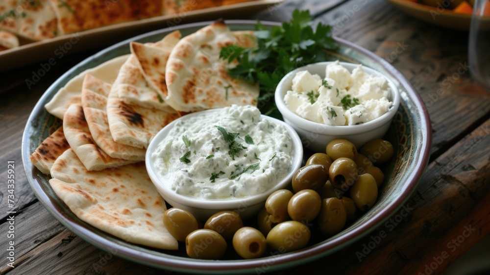 Mediterranean Platter with Pita Bread, Olives, and Tzatziki Sauce,laid-back girl dinner featuring a mix of Mediterranean snacks, Mediterranean Platter with Pita Bread, Olives, and Tzatziki Sauce,laid-back girl dinner featuring a mix of Mediterranean snacks,