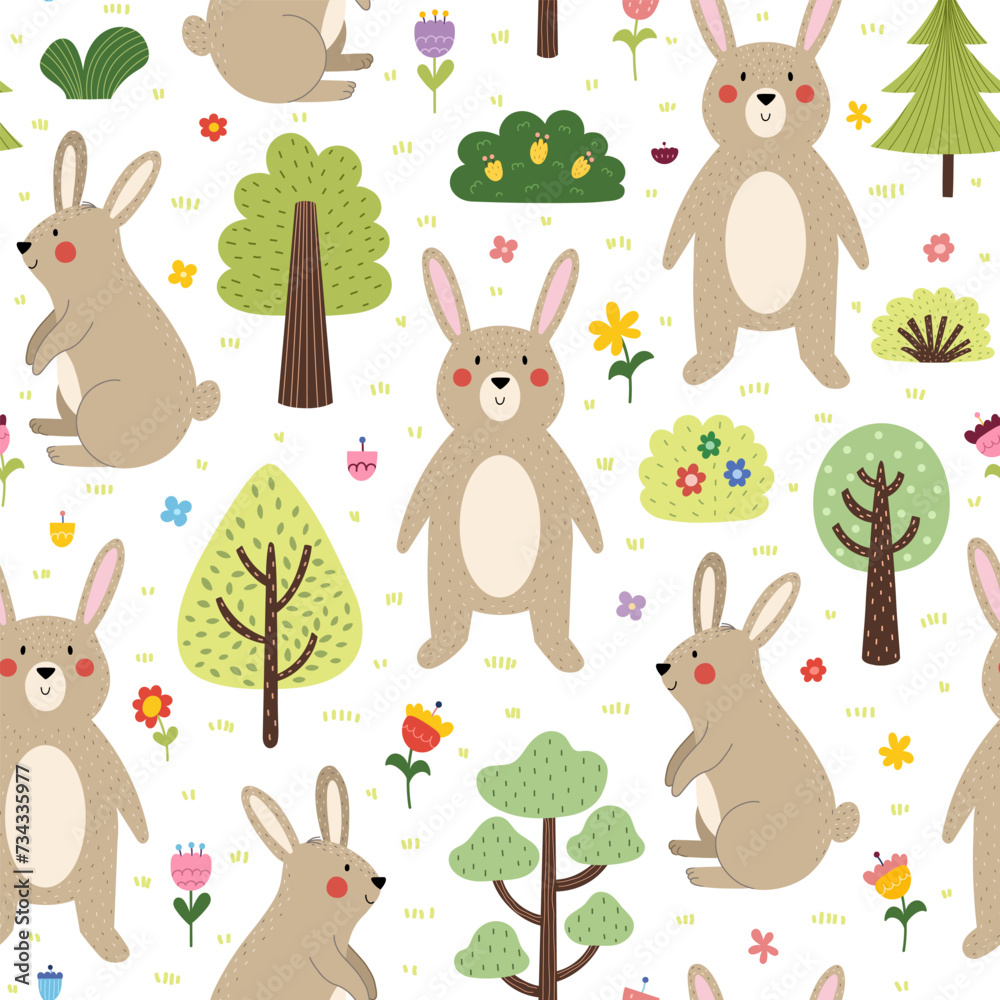 Cute rabbit in the forest seamless pattern. Funny hare woodland character in cartoon style. Forest animal background for kids. Vector illustration Cute rabbit in the forest seamless pattern. Funny hare woodland character in cartoon style. Forest animal background for kids. Vector illustration