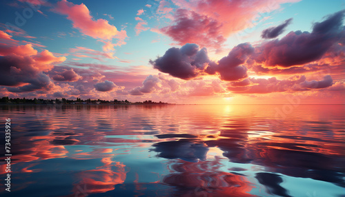 Silhouette of palm trees against vibrant sunset sky over water generated by AI © Gstudio