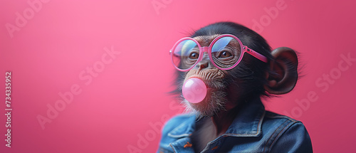 an anthropomorphic monkey in denim clothes make a bubble gum bubble, solid background, copy space photo