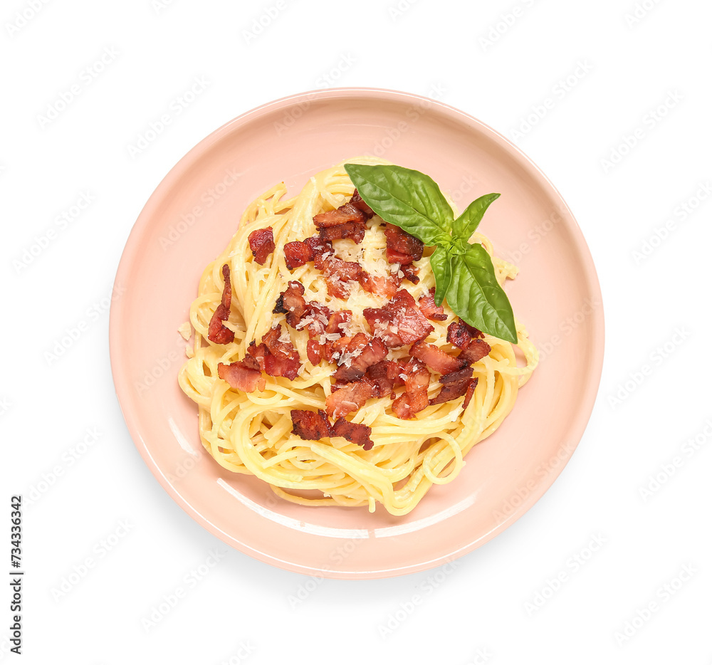 Plate with tasty pasta carbonara on white background Plate with tasty pasta carbonara on white background
