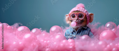 an anthropomorphic monkey in denim clothes make a bubble gum bubble, solid background, copy space photo