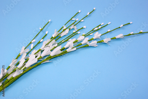 Easter background with twigs and white flowers for greeting card on blue  © Agata