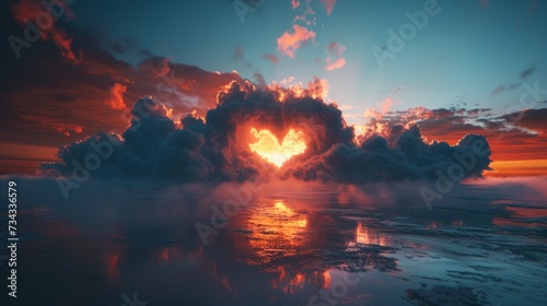 Heart made of clouds floating in the sky in the middle of a sunset generative ai © ThisDesign