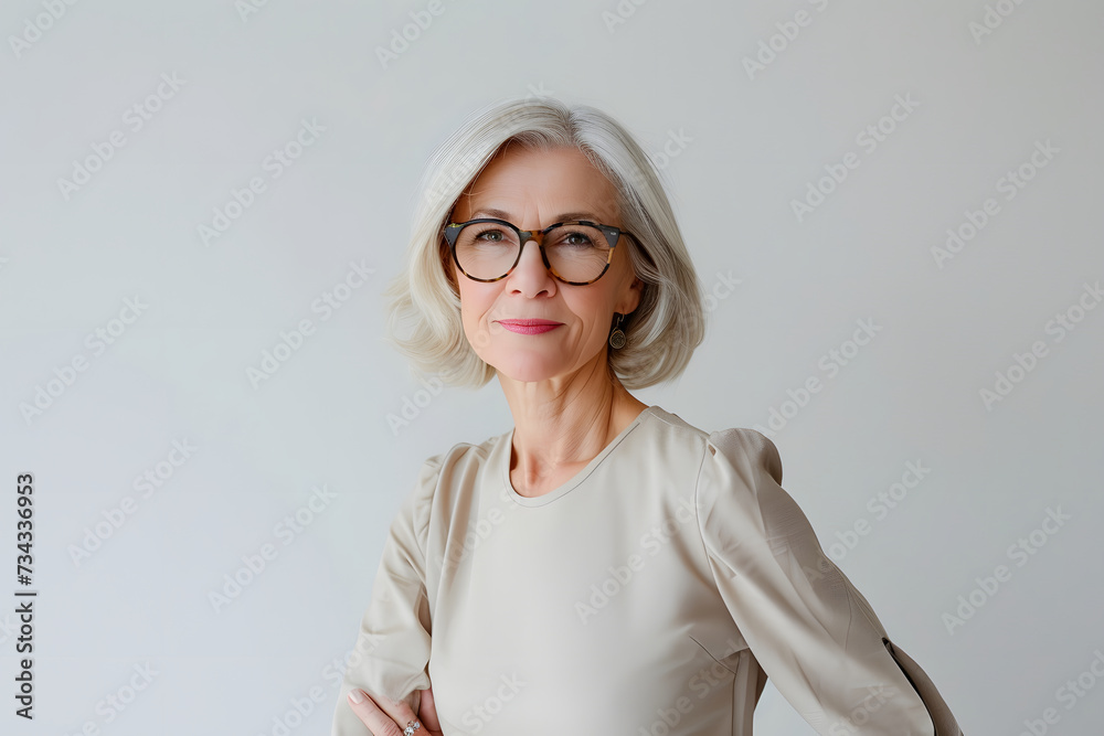 Portrait of a beautiful middle-aged woman in glasses on a white background