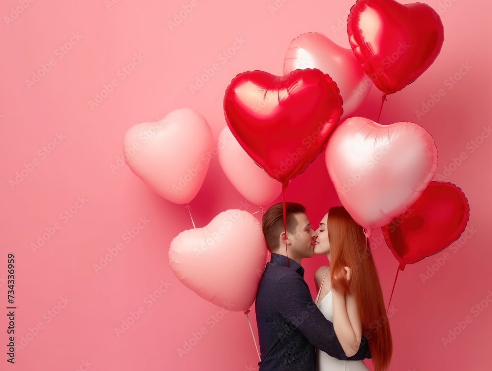 Happy holding balloons shaped hearts. Valentine's day celebration, happy caucasian couple on coral background. Concept of human emotions, facial expression, love, relations, romantic holidays Happy holding balloons shaped hearts. Valentine's day celebration, happy caucasian couple on coral background. Concept of human emotions, facial expression, love, relations, romantic holidays