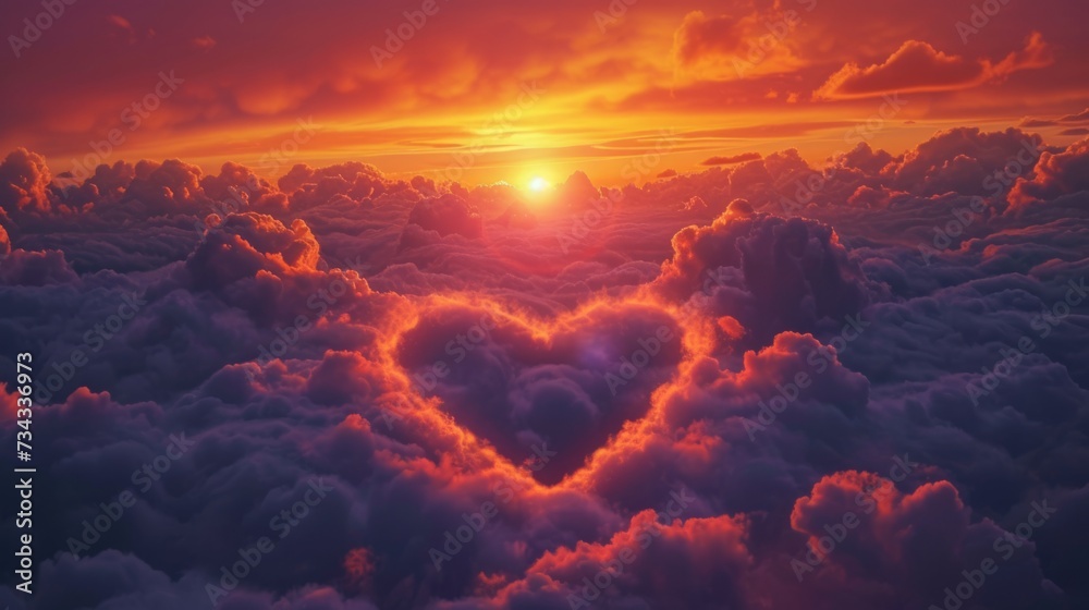 Heart made of clouds floating in the sky in the middle of a sunset generative ai