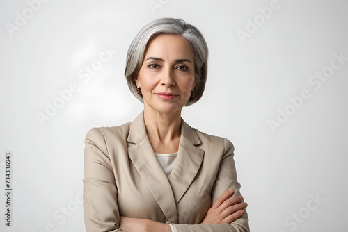 Confident mature businesswoman with grey hair looking at camera with crossed arms