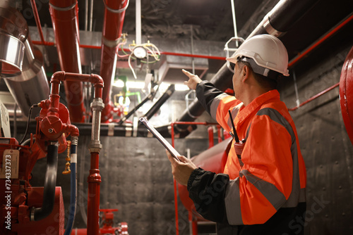 The engineer inspects the safety equipment on the fire extinguishing system. photo