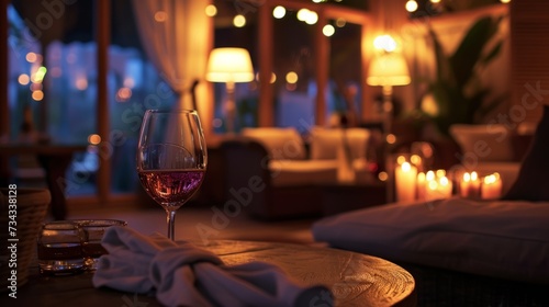 Romantic atmosphere with a glass of wine  generative ai