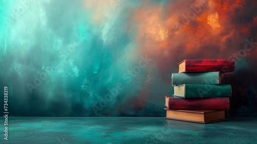 A stack of five hardcover books in different colors arranged on a smoky background of shades of blue and red.
