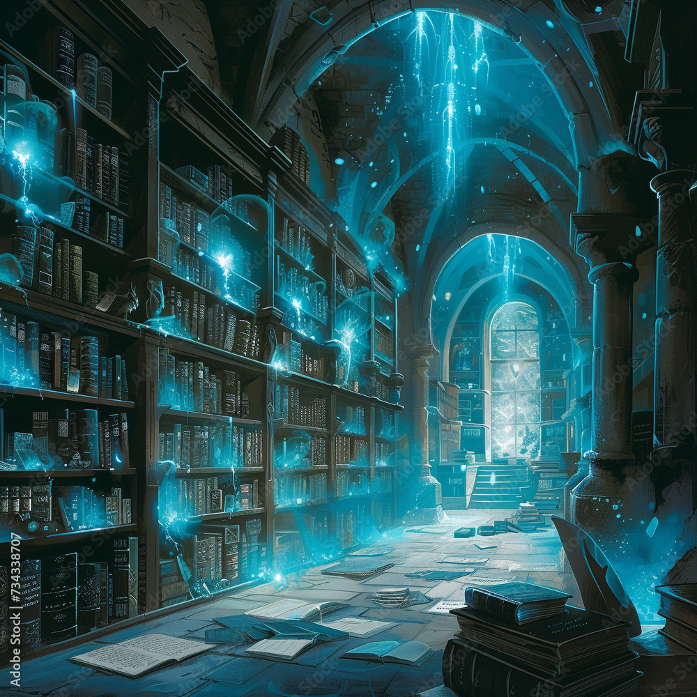 Illustrate a grand library that houses both scientific texts and ...