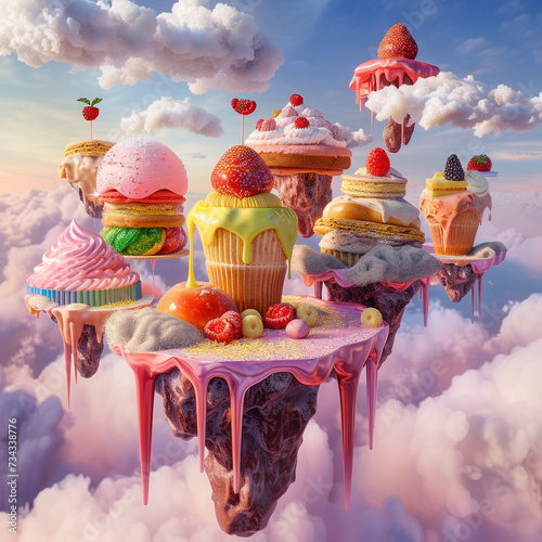Imagine a 3D render of floating islands made of different foods and candies in a dreamy sky photo