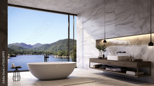 Contemporary bathroom in white marble with bath, panoramic sea view concept quiet luxury, banner photo