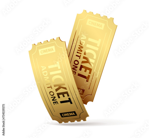 Two Gold cinema tickets for retro movie theater. Isolated on white background. Cinematography icon. Vector illustration.