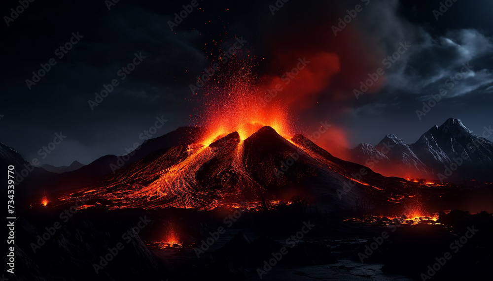 Erupting mountain peak ignites fiery adventure in natural phenomenon generated by AI