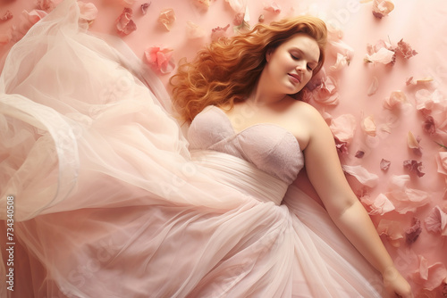 Beautiful full-figured bride in a flowing white wedding dress in pink peach background. Concept of bridal joy, natural beauty, grace, femininity, and elegant simplicity.