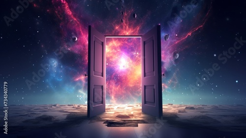 Open doorway to a cosmic landscape, blending fantasy and reality. Concept of imagination, discovery, the unknown, freedom, adventure, mystery, and limitless possibilities.