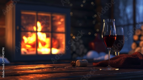 Glass of wine in a cozy winter cabin generative ai