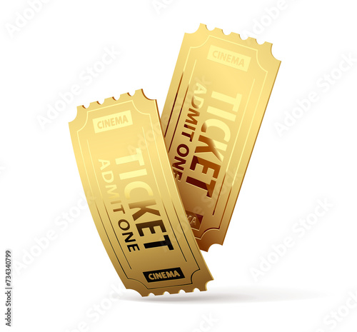 Two Gold cinema tickets for retro movie theater. Isolated. Cinematography icon. PNG Illustration.