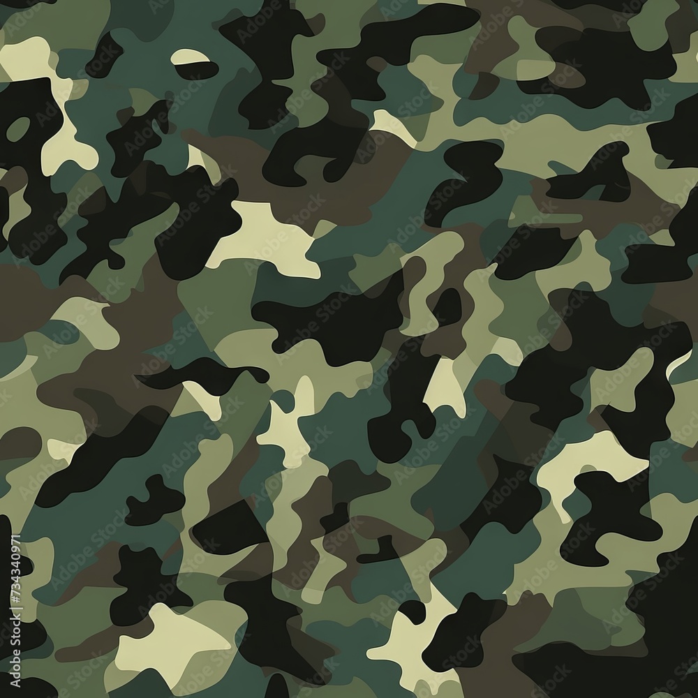 Seamless camouflage pattern in shades of green. Khaki colors. Camo print for textile design. Concept of military, army uniform, hunting gear, woodland environment, survival, stealth, nature blending Seamless camouflage pattern in shades of green. Khaki colors. Camo print for textile design. Concept of military, army uniform, hunting gear, woodland environment, survival, stealth, nature blending