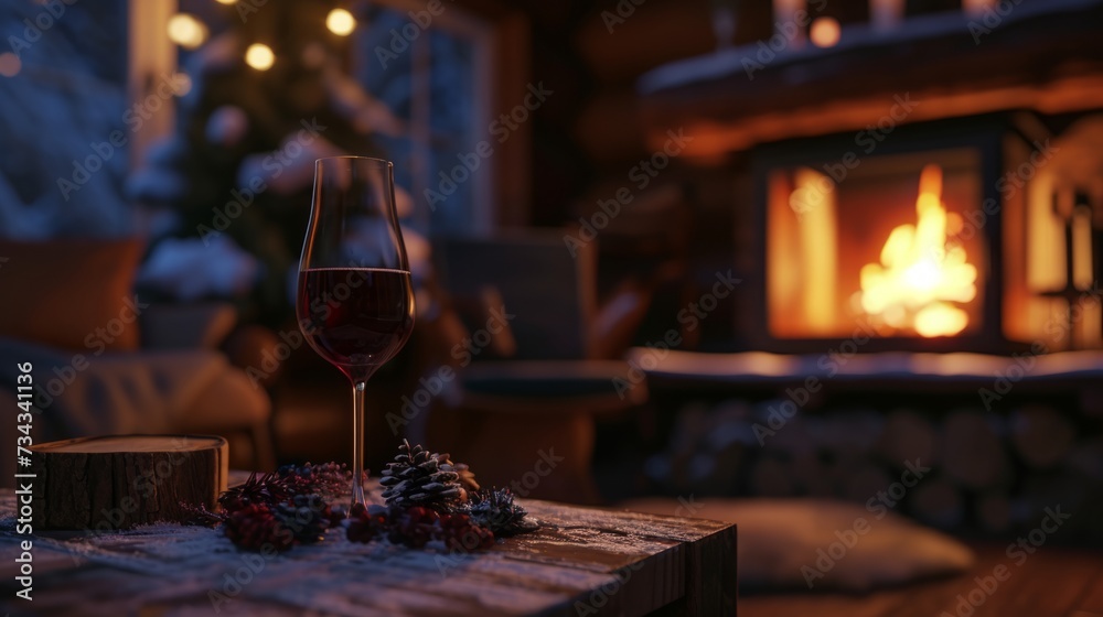 Glass of wine in a cozy winter cabin generative ai