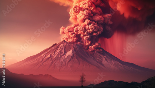Burning mountain peak erupts, smoke fills sky, nature destruction generated by AI