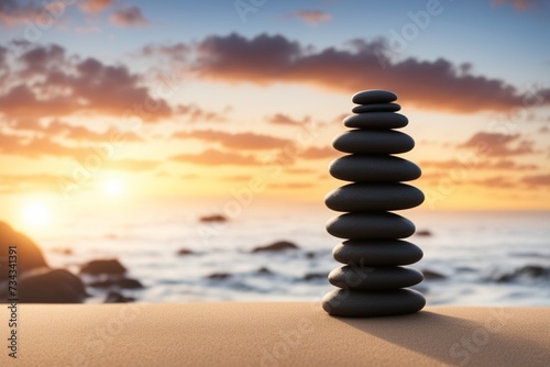 tall tower of massage stones with a rocky beach background at sunset