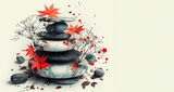 Pile of Zen stones, red flowers, branch, leaves. Meditative lifestyle concept. Symbolic balance and inner equilibrium with stress relief. Mental rest and connection with nature. Poster with copy space
