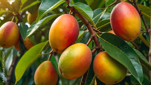 ripe mangoes on a branch in the garden nature