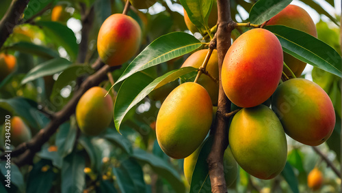 ripe organic  mangoes on a branch in the garden