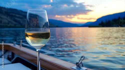 Glass of wine on the deck of a boat with a serene lake in the background, generative ai photo