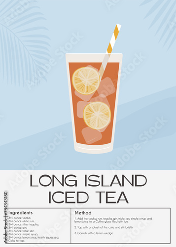 Long Island Iced Tea Cocktail with lime slices. Classic alcoholic beverage recipe. Summer aperitif poster. Minimalist trendy print with alcoholic drink. Vector flat illustration.