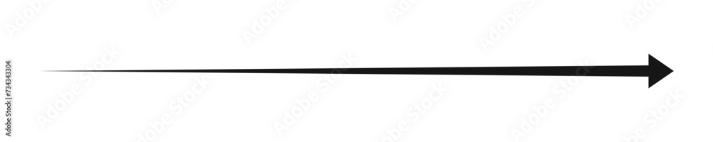 Long horizontal straight arrow with motion effect. Black pointer, direction, orientation, position or location sign isolated on white background. Vector graphic illustration.