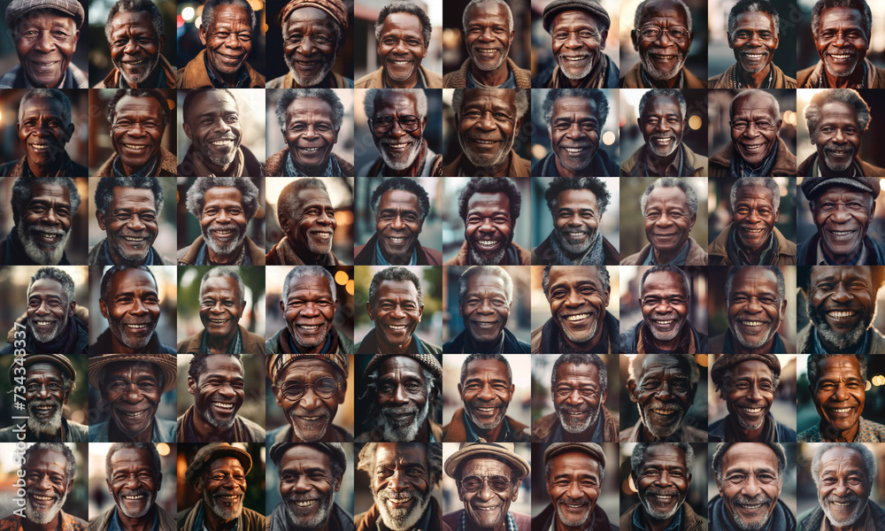 collage of black senior men smiling, collage of portrait, grid of 60 cheerful faces, group photo collage of black senior men smiling, collage of portrait, grid of 60 cheerful faces, group photo