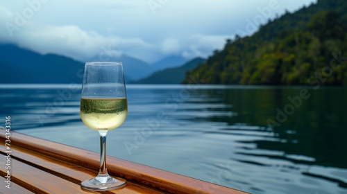 Glass of wine on the deck of a boat with a serene lake in the background, generative ai