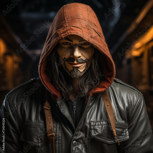 Unidentifiable person wearing a dark leather jacket and hood, face obscured, in a blurred urban environment