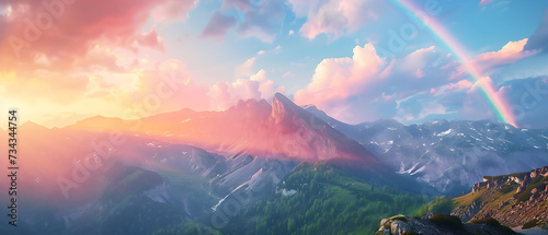 A breathtaking landscape featuring majestic mountains towering against the horizon, with a vibrant rainbow arching across the sky © DigitaArt.Creative