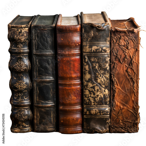 Stack of old books with leather cover, png file of isolated cutout on transparent background