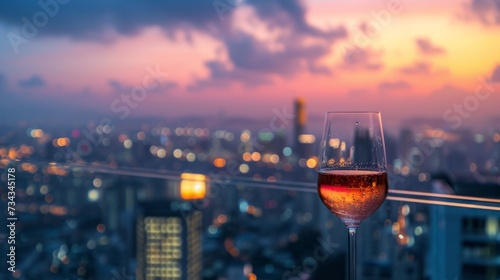 Glass of wine on a rooftop bar with a panoramic cityscape generative ai