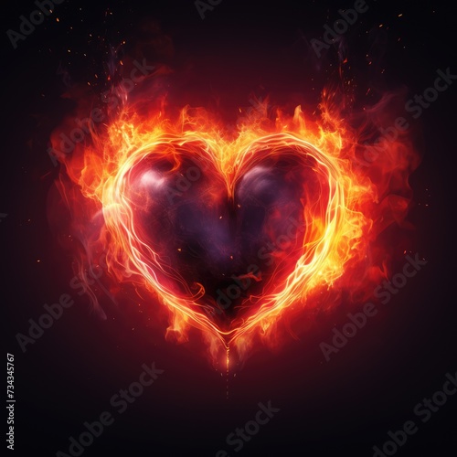 Fiery burning heart on black background. Orange, yellow and red flame. Concept of love and passion. AI Generated 