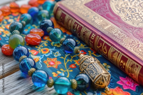 A close-up image of colorful prayer beads, Quran and dates.