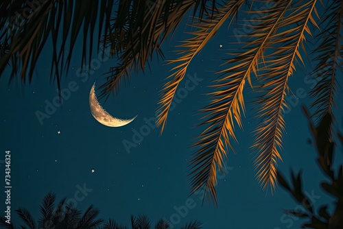 A glowing crescent moon, stars and date palms representing Ramadan nights.