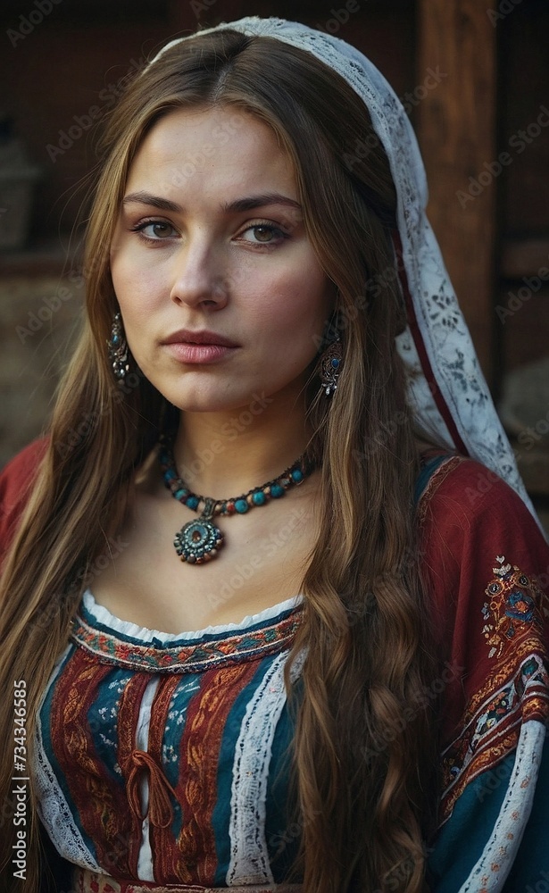 Beautiful Serene Brunette in Traditional Folk Dress and Embroidered Headscarf