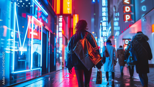 Woman walking at night in a city street