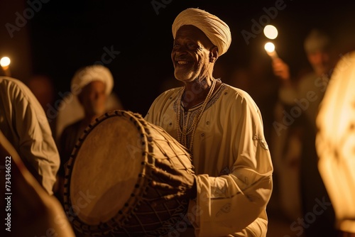 A man sounding the traditional drum to wake people for Suhoor.