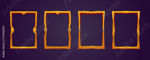 A set of vertical frames in A4 format. Gold or wooden frame template. Vector set of engraved frames inlaid with stones. Decorative frame, game user interface, isolated set, cartoon, illustration. photo