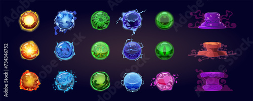 A set of magic balls with a stone stand. Visual effects of magic. Elemental Energy Effects. Game design, colorful energy rays, lightning, plasma. Glass ball, glossy surface. Vector cartoon