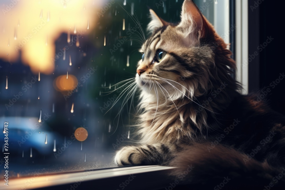Fototapeta premium Cute gray tabby cat sitting by the window at home on rainy day. AI Generated